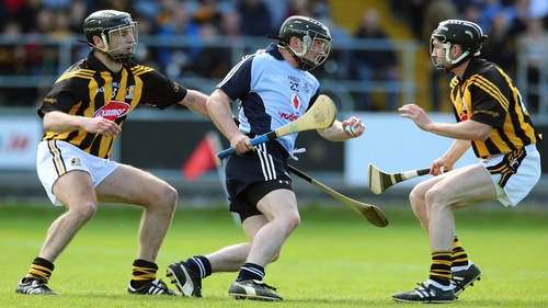 Dublin's David O'Callaghan is tackled by JJ Delaney and Conor Fogarty on Sunday