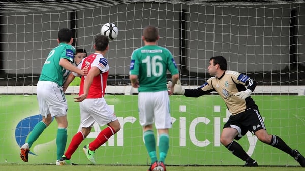 Christy Fagan heads home Pat's second goal at Richmond Park