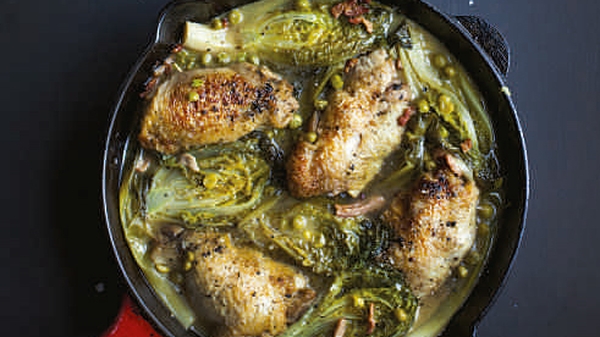 Braised Crispy Chicken Thighs with Spring Onions,