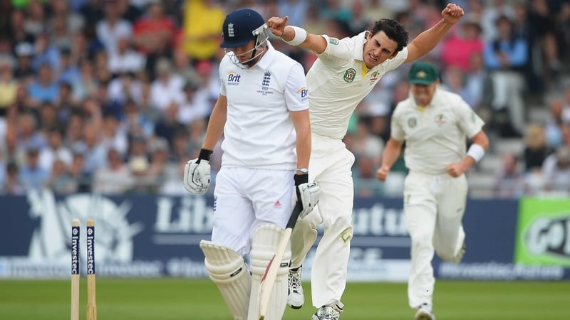 Mitchell Starc of Australia celebrates the wicket of Jonny Bairstow