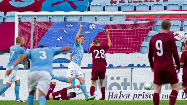 Emil Forsberg celebrates scoring the opener for Malmo