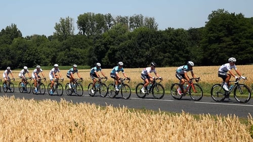 Mark Cavendish (third from right) won stage 13 of the Tour de France to Saint-Amand-Montrond