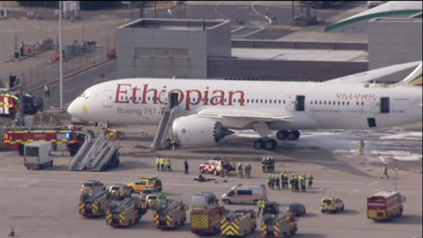 A fire broke out on an Ethiopian Airlines plane in Heathrow Airport