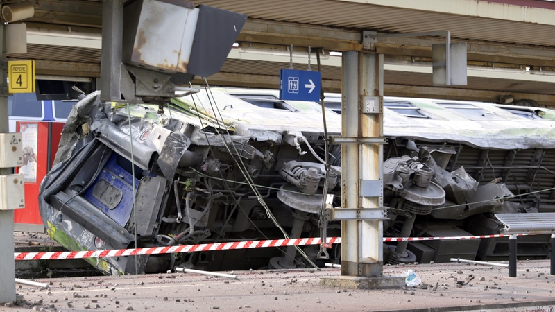 A derailed wagon on the site of the accident in the railway station of Bretigny-sur-Orge