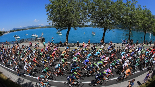 The peloton makes its way along stage 20 of the Tour de France, Annecy / Annecy - Semnoz