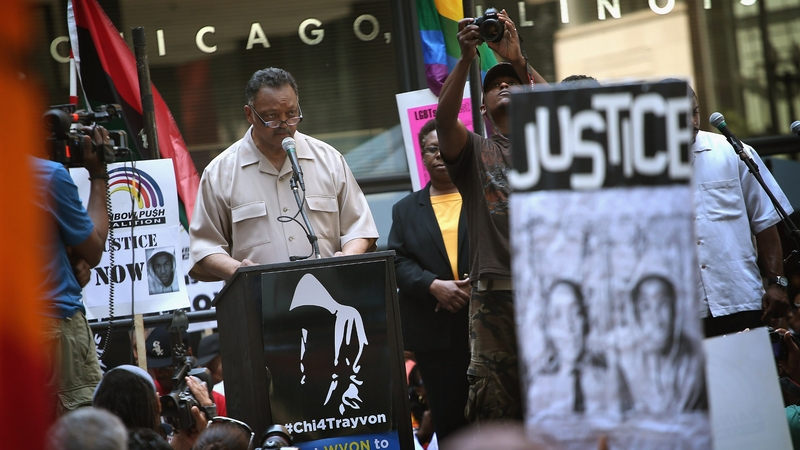 Civil rights leader Rev Jesse Jackson speaks to protesters during a Justice For Trayvon rally in Chicago, Illinois