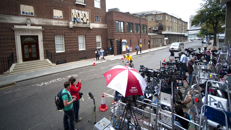 TV crews are positioned opposite The Lindo Wing of St Mary's Hospital, London