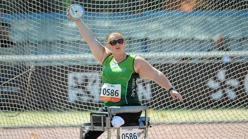 Orla Barry in action in the F57/58 discus final
