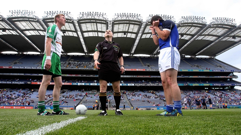 London captain Seamus Hannon with Cavan captain Alan Clarke for the coin toss at Croke Park before their All-Ireland round four qualifier clash