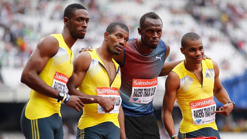 Left to right: Kemar Bailey-Cole, Mario Forsythe, Usain Bolt and Warren Weir of Jamaica pose after winning the men's 4x100m relay at the Anniversary Games