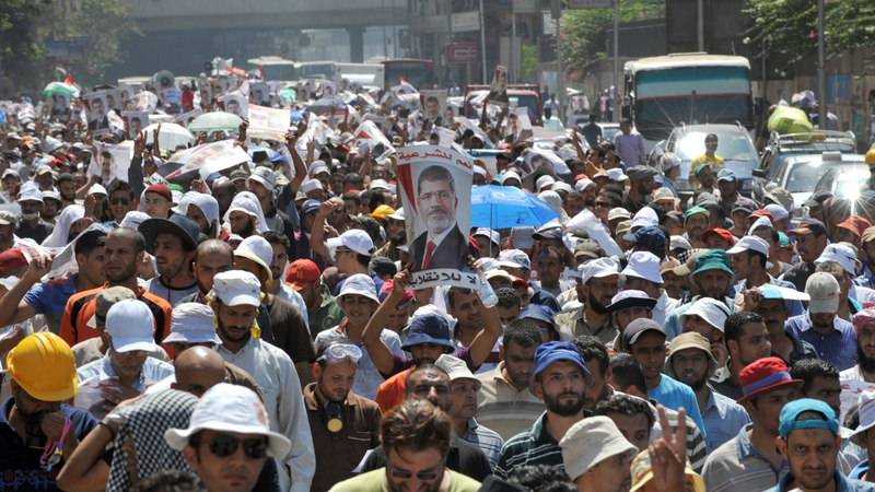 A supporter of Mursi raises a portrait of him during a demonstration against the government in Cairo