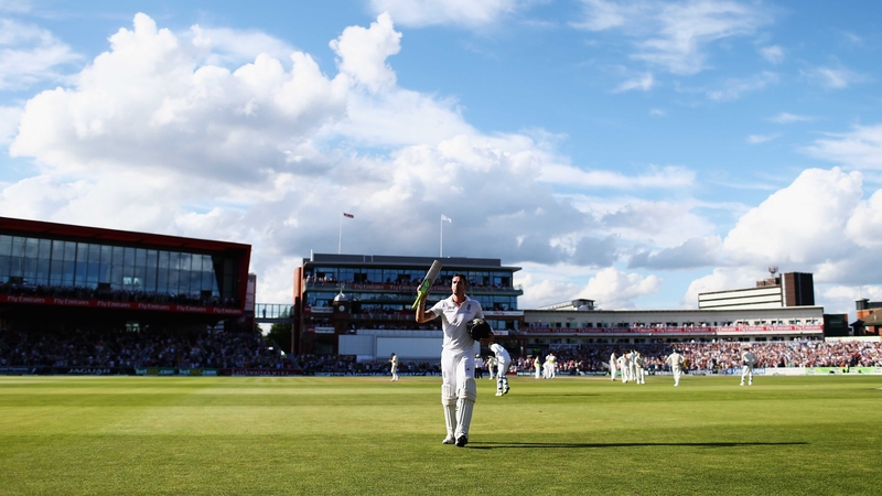 Kevin Pietersen raises his bat after being dismissed for 113 runs by Mitchell Starc
