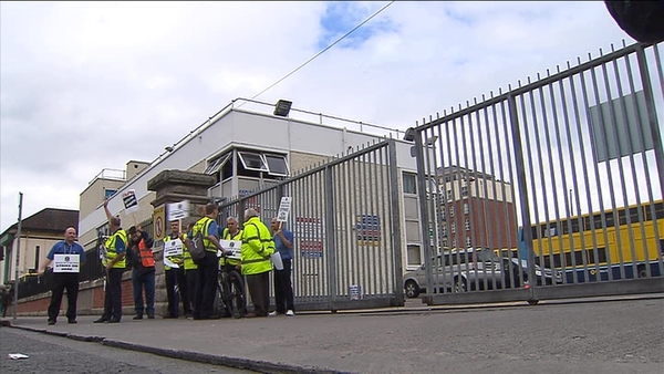 Striking workers picket a garage at Dublin Bus with all services across the city suspended