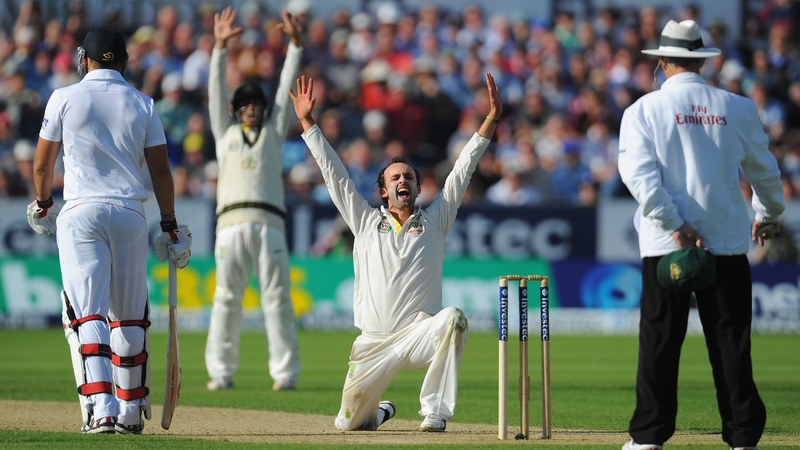 Nathan Lyon appeals with success for the wicket of England batsman Jonny Bairstow
