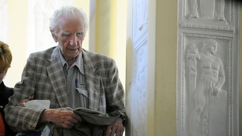 Laszlo Csatary pictured leaving a courthouse in Budapest after being placed under house arrest last year