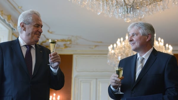 President Milos Zeman and Prime Minister Jiri Rusnok toast Mr Rusnok's appointment in June