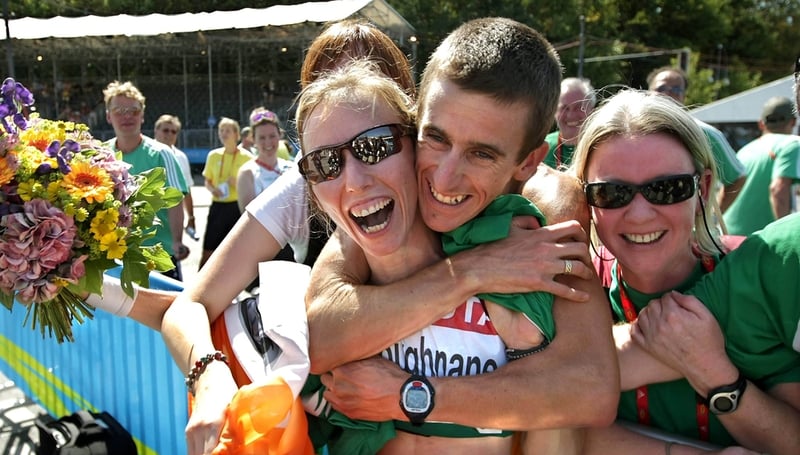 Olive Loughnane celebrating with Ireland team-mate following the silver medal success in Berlin