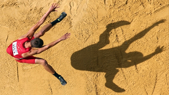 Gunnar Nixon competes in the Men's Decathlon Long Jump at the World Athletics Championships in Moscow
