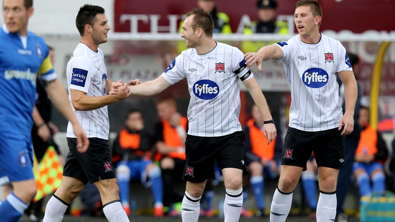 Dundalk's Stephen McDonnell (c) gets the congratulations after scoring from the spot