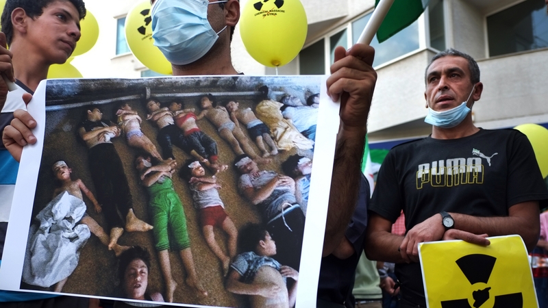 Syrian immigrants in Bulgaria protest against an alleged chemical attack near Damascus