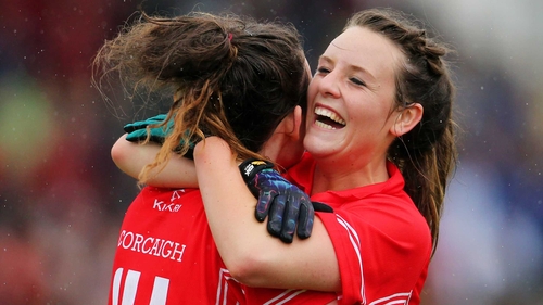 Cork's Doireann O'Sullivan and Orlagh Farmer celebrate after the final whistle in their quarter-final against Dublin