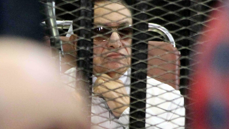 Former Egyptian leader Hosni Mubarak, pictured during his appearance in court in Egypt today