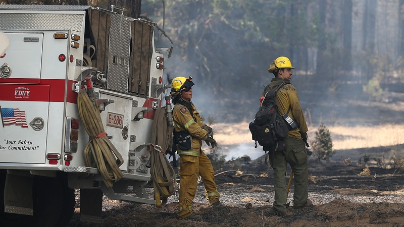 Dorado Hills firefighters take a break from battling the Rim Fire