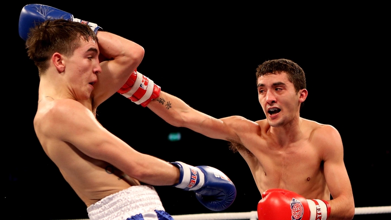Michael Conlan (L) against Andrew Selby during January's 50-56kg bout in the World Series of Boxing