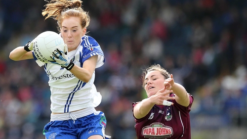 Grainne McNally of Monaghan wins the ball ahead of Galway's Gillian O'Connor
