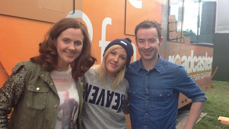 2fm's Ruth Scott (L) and Paddy McKenna with Ellie Goulding