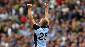 Eoghan O'Gara celebrates at the end of the game, which Dublin won by seven points