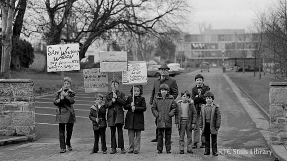 Youngsters Picket RTÉ in 1974. From left to right, Robert Frawley, Alan Frawley, David Keegan, Loui…