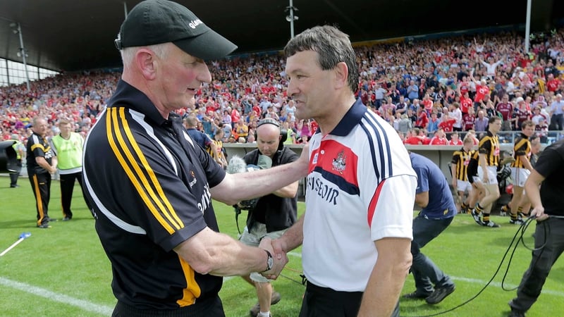 Brian Cody congratulates Jimmy Barry-Murphy after the Rebels' victory on 28 July