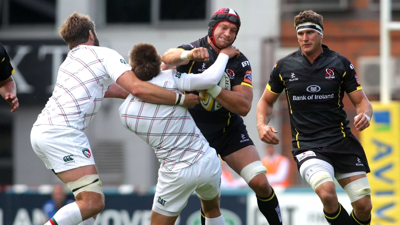 Dan Tuohy of Ulster catches Leicester's Toby Flood with a straight arm resulting in Flood being carried off injured and Tuohy sin-binned