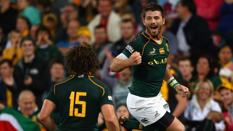 Willie le Roux celebrates scoring South Africa's fourth try against Australia