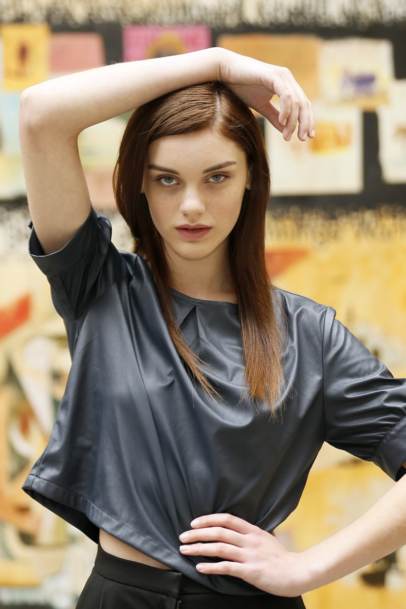 Lennon Courtney Navy faux leather top, €120 with Lennon Courtney High waisted trousers, €150