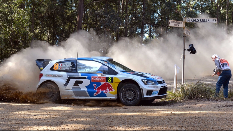 Sebastien Ogierslides slides his car through a corner earlier today