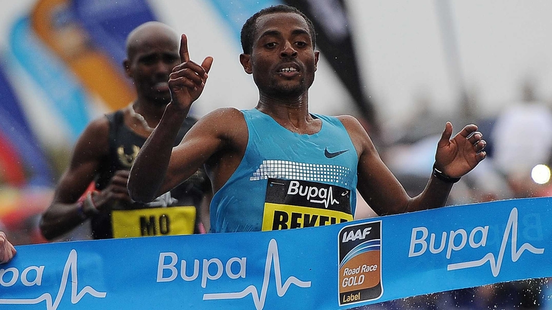 Kenenisa Bekele crosses the line closely followed by Mo Farah