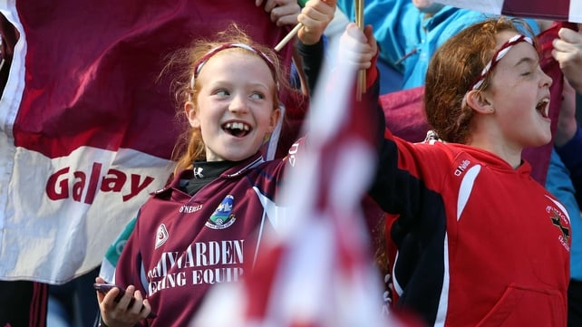 Young Galway fans cheer their camogie team on to All-Ireland glory against Kilkenny in Croke Park