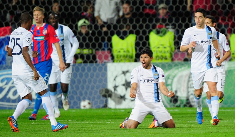 Manchester City striker Sergio Aguero celebrates his goal in the Czech Republic