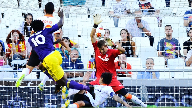 Wilfried Bony scores the opening goal against Valencia for Welsh outfit Swansea who had more Spanish players in their side than the hosts did