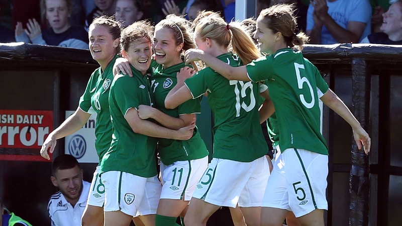 Julie-Anne Russell celebrates her goal with her Ireland team-mates