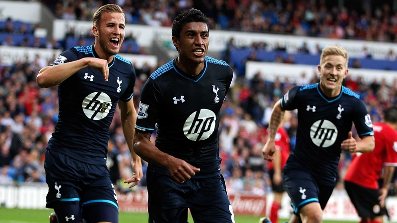 Paulinho celebrates his stoppage time winner for Spurs against Cardiff City