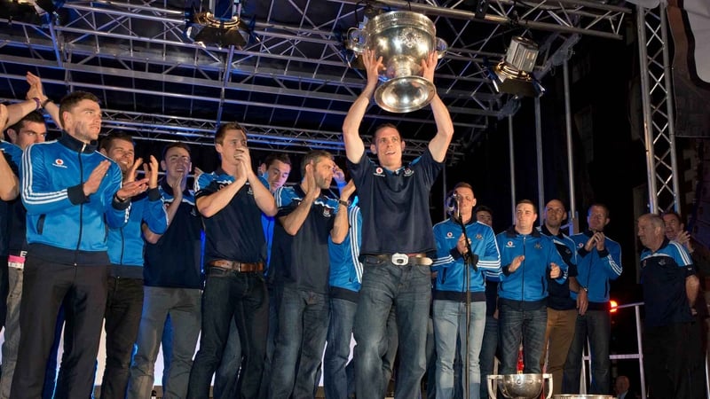 Dublin captain Stephen Cluxton shows off the Sam Maguire Cup to the crowd in Merrion Square