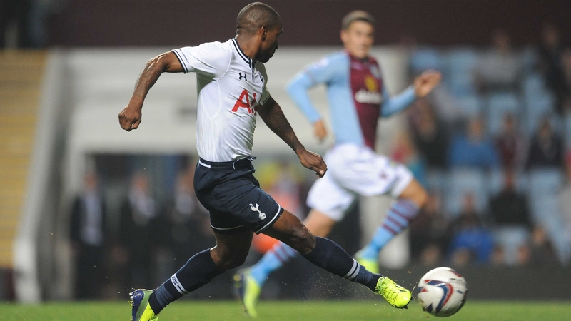 Jermain Defoe scoring Tottenham's fourth goal at Aston Villa