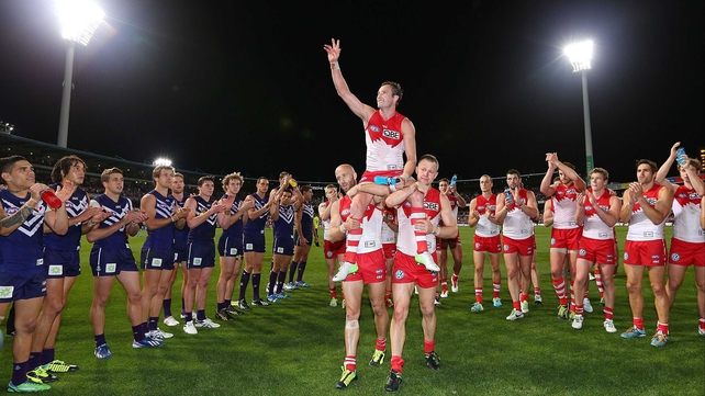 Jude Bolton of the Swans gets carried off for his last game after the AFL match between the Fremantle Dockers and the Sydney Swans at Patersons Stadium Perth, Australia.