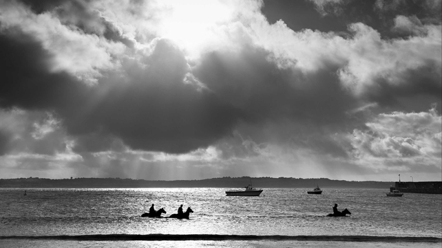 Mitch Freedman riding Melbourne Cup favourite Puissance de Lune (R) at Lady Bay beach in Warrnambool, Australia.
