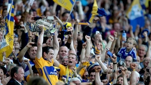 Pat Donnellan hoists the Liam McCarthy cup aloft