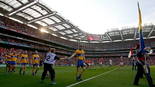Clare's Patrick Donnellan leads his team during the parade