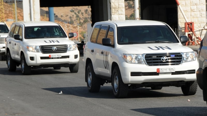 A convoy of United Nations vehicles carrying a team of inspectors is seen following its arrival in Beirut